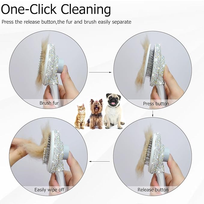 Bling Self Cleaning Slicker Brush for Dogs & Cats, Grooming Brushes for Long Short Haired Pets,Dog Brush for Shedding, Skin Friendly Deshedding Brush, Inlay Rhinestone Cat Brush,Rake, Comb