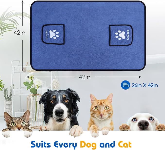 Nobleza Dog Towel, Super Absorbent Large Pet Towel with Hand Pockets, Microfiber Quick Drying Dog Towels for Drying Dogs, Mazarine
