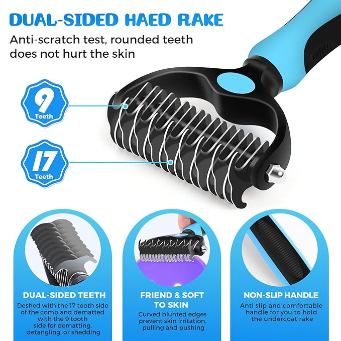 5 in 1 Dog Grooming Kit, Self Cleaning Slicker Brush for Shedding Short Long Haired Dogs & Cats, Includes Pet Comb, Flea Comb, Bath Brush, Undercoat Rake, Blue