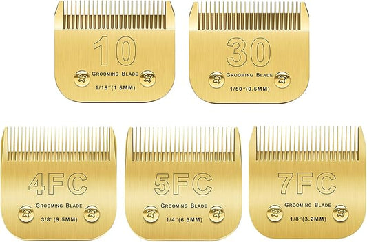 Andis/Oster A5/Wahl KM-10 Series Compatible 5PCS Detachable Dog Clipper Blades (Gold-#10, 30, 4FC, 5FC, 7FC)
