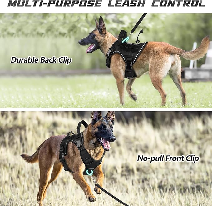WINGOIN Black Tactical Dog Harness for Medium Small Dogs No Pull Adjustable Reflective Military Pet Harness with Easy Control Handle with Hook & Loop Panels for Walking Hiking Training