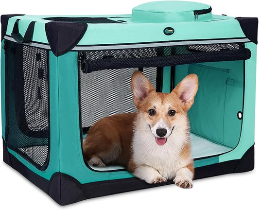 Ownpets Collapsible Dog Crate, 30 inch Portable Travel Dog Crate for Medium Dogs, 4-Door Foldable Pet Kennel with Durable Mesh Windows & Soft Mat