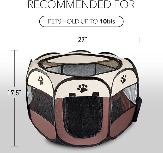 Pet Puppy Dog Playpen Portable, 27” Foldable Crate for Small Dog and Cat,Dog Kennel with Carry Bag, Pop Up Dog Playpen((Brown)