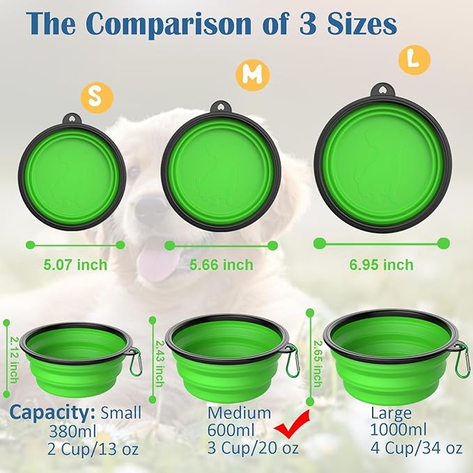 Takfox Collapsible Dog Bowls [2 Pack] 20 oz, Travel Dog Bowls, Pet Bowl Portable Foldable Water Food Feeding Dishes with Carabiner Clip for Traveling Hiking Walking-Black & Green