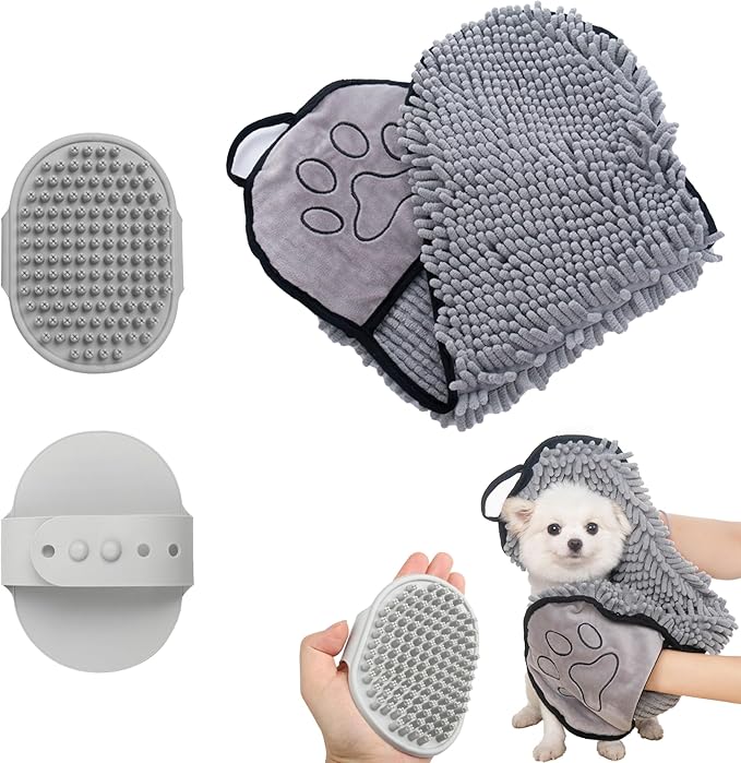 Microfiber Dog Towels for Drying Dogs, Dog Bath Brush & Towel Set, Super Absorbent,Machine Washable, Rubber Dog Wash Brush,Dog Shower Bathing Brush for with Adjustable Ring Handle(Grey)