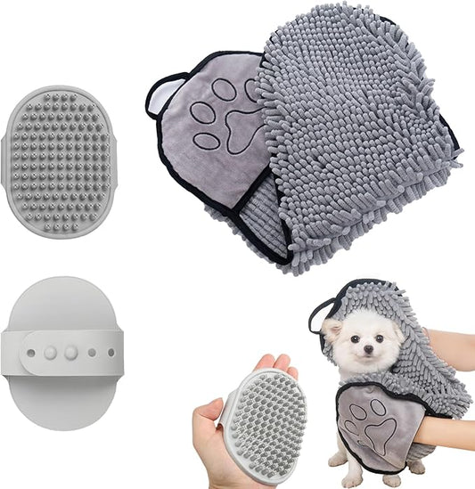 Microfiber Dog Towels for Drying Dogs, Dog Bath Brush & Towel Set, Super Absorbent,Machine Washable, Rubber Dog Wash Brush,Dog Shower Bathing Brush for with Adjustable Ring Handle(Grey)