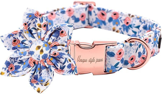 Uniqe Style Paws Flower Dog Collar, Rose Adjustable Girl Dog Collar with Flower, Durable Floral Pattern Pet Collar for X-Large Female Dogs