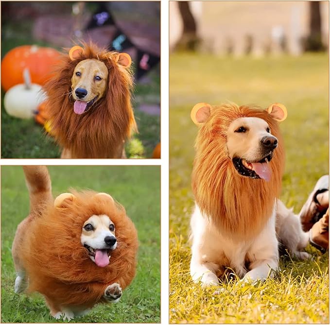 Dog Lion Mane Costume - Realistic Mane with Ears for Medium to Large Sized Dogs, Pet Halloween Costumes Birthday Party Cosplay Apparel