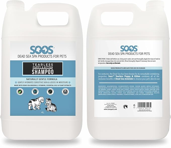 Soos Pets Pet Shampoo Natural Dead Sea Tear-Less Fast Absorbing with Vitamins Minerals Essential Oils Natural Elements for Puppy and Kitten - 1x Pet Shampoo (4L / 1.32 gal)