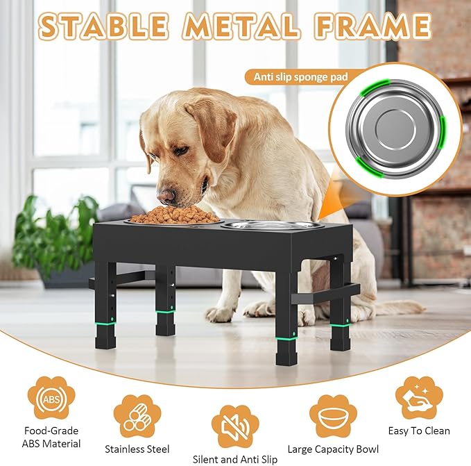 Metal Elevated Dog Bowls, Elevated Dog Bowls Large Breed, Height Adjustable Raised Dog Bowl, Dog Bowl Stand with 2 Stainless Steel Dog Food Bowls, Dog Bowls Holder for Small, Medium and Large Dog