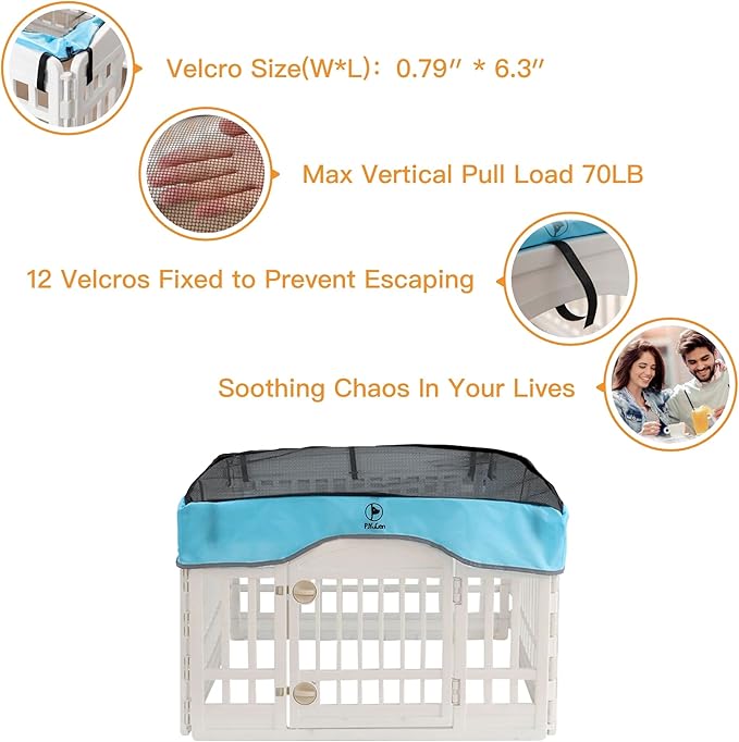 PJYuCien Dog Playpen Mesh Top Cover, Fits 36 Inch 4 Panels Regular Square Plastic Exercise Pet Pen, Adhesive Tape Connections, Blue (Note: Cover Only, Fence Not Included)