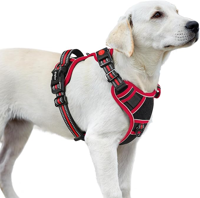 Eagloo Dog Harness for Large Dogs, Easy Wearing with 3 Buckles, Adjustable No Pull Pet Harness with 2 Rings for Walking, No Chock Reflective Soft Padded Vest with Control Handle, Black & Red, L
