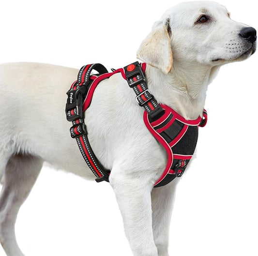 Eagloo Dog Harness for Large Dogs, Easy Wearing with 3 Buckles, Adjustable No Pull Pet Harness with 2 Rings for Walking, No Chock Reflective Soft Padded Vest with Control Handle, Black & Red, L