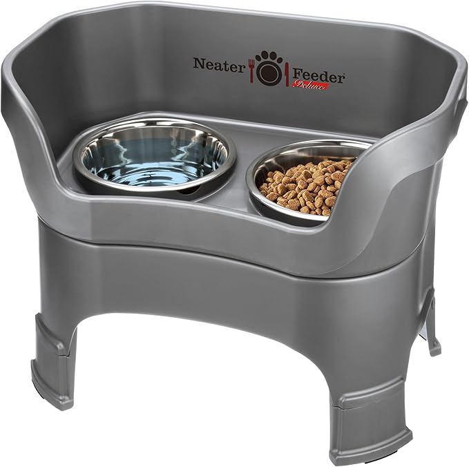 Neater Feeder Deluxe Mess Proof Dog Bowls Elevated for Large Dogs – Made in USA – No Spill Raised Dog Food Bowl Stand w/Leg Extensions – Stainless Steel Dog Food and Water Bowl Set – Grey