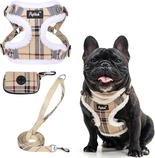 PUPTECK No Pull Dog Harness and Leash Set Reflective No Choke Step in Puppy Halter for XS Small and Medium Sized Dogs, Beige Plaid, Plush, L