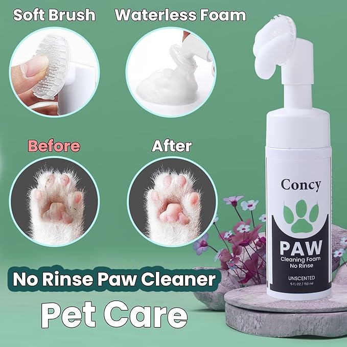 Concy Pet Paw Cleaner for Dogs Cats - No-Rinse Foaming Cleanser Silicon Brush Shampoo - Gentle, Effective Cat Dog Feet Cleaner Scrubber Unscented (5 oz)