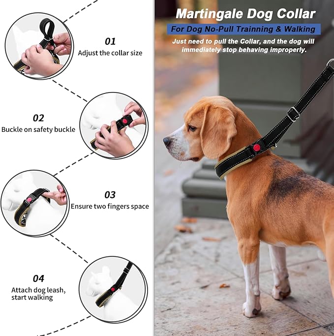 Martingale Collar for Dogs, Heavy Duty Nylon No Pull Dog Collar with Buckle, Adjustable Anti Pull Collar Reflective Slip Collar for Large Medium Small Dog Training Walking L Khaki