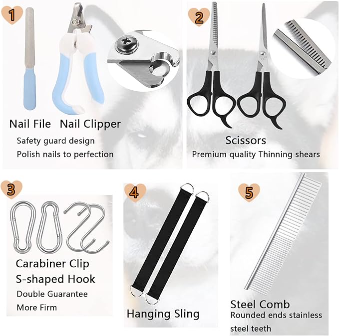 BLUECOW Pet Grooming Set, 12 in 1 Nail Trimming Hammock for Dogs Cats, Restraint Bag Including Nail Clipper, Trimmer, Scissors, Nail File and Comb