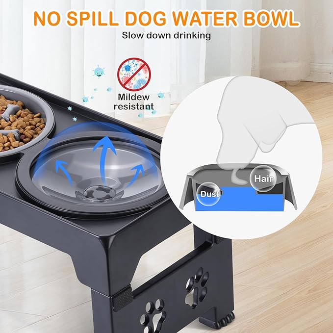 Elevated Dog Bowls, Raised Slow Feeder Dog Bowls with No Spill Water Bowl, Dog Bowl Stand Adjusts to 5 Heights 2.95", 8.46", 9.65", 10.82", 12.01" for Small Medium Large Dogs and Pets, Black