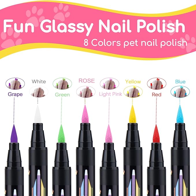 Dog Nail Polish， Dog Nail Polish Pens Quick Dry-8 Colors, Pet Nail Polish Set for Dogs， DIY Dogs Puppy Nails, Dog Safe Nail Polish Non Toxic, Odorless, Easy to Apply