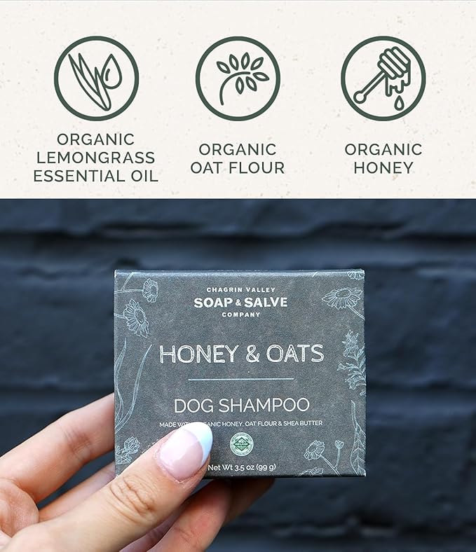 Chagrin Valley Soap & Salve Certified Organic Dog Shampoo and Conditioner – Puppy Shampoo Itchy Skin Relief and Puppy Essentials - Natural Handmade Honey & Oats, 3.8 oz Bar Soap