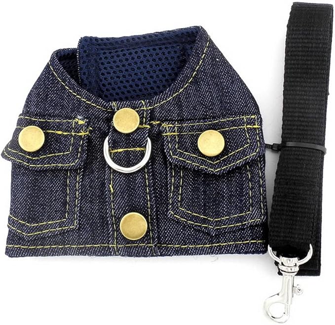 SMALLLEE_LUCKY_STORE Small Dog Cat Denim Vest Jacket Harness,Soft Mesh Padded Puppy Harness Leash Set,Easy on and Off,Dark Blue M