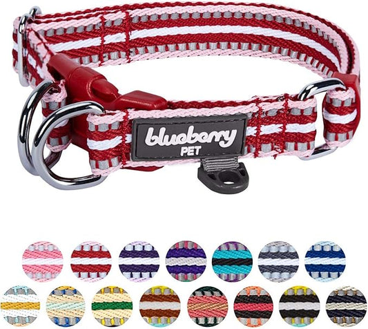 Blueberry Pet 3M Reflective Dog Collars | Adjustable Dog Collar w/Multi-Colored Stripe - Marsala Red and Pink | Nylon Pet Collars for Dogs & Refflective Dog Collar for Medium Dogs