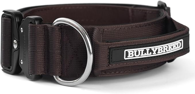 BULLYBREED Premium Dog Colar with Handle, Heavy Duty Dog Collar, Tactical Dog Collar, Quick-Release Metal Buckle, Thick Dog Collar, Dog Collar for Medium Dogs, Dog Collar for Large Dogs (Brown, Large)