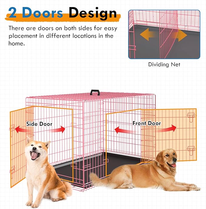PayLessHere Large Dog Crate Kennel for Medium Large Dogs Metal Dog Cage Double-Door Folding Travel Indoor Outdoor Puppy Playpen with Divider and Handle Plastic Tray (48 Inch, Pink)