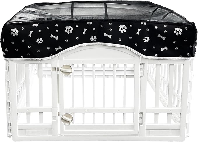 PJYuCien Dog Playpen Mesh Top Cover, Fits 36 Inch 4 Panels Regular Square Plastic Exercise Pet Pen, Adhesive Tape Connections, Black paw (Note: Cover Only, Fence Not Included)