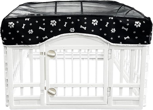 PJYuCien Dog Playpen Mesh Top Cover, Fits 36 Inch 4 Panels Regular Square Plastic Exercise Pet Pen, Adhesive Tape Connections, Black paw (Note: Cover Only, Fence Not Included)