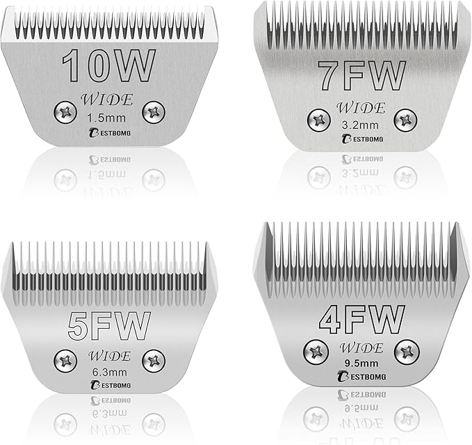 BESTBOMG 10W+7FW+5FW+4FW Wide Detachable Pet Dog Grooming Blades Kit-Cutting Length 1/16" to 3/8"（1.5-9.5mm）,Compatible with Andis,Oster A5,Wahl km10 Clippers