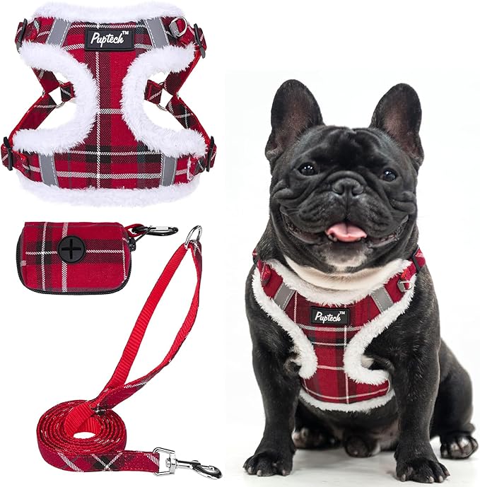 PUPTECK No Pull Dog Harness and Leash Set Reflective No Choke Step in Puppy Halter for XS Small and Medium Sized Dogs, Red Plaid, Plush, L