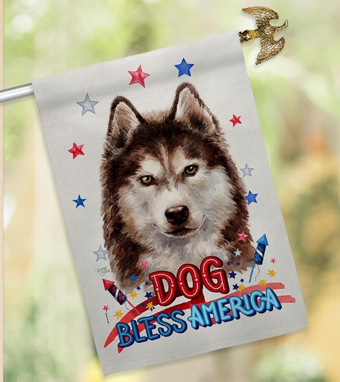 Breeze Decor Patriotic Brown Siberian Husky House Flag-Eagle Set Dog Puppy Spoiled Paw Canine Fur Pet Nature Farm Animal Creature Banner Small Garden Yard Gift Double-Sided, Made in USA