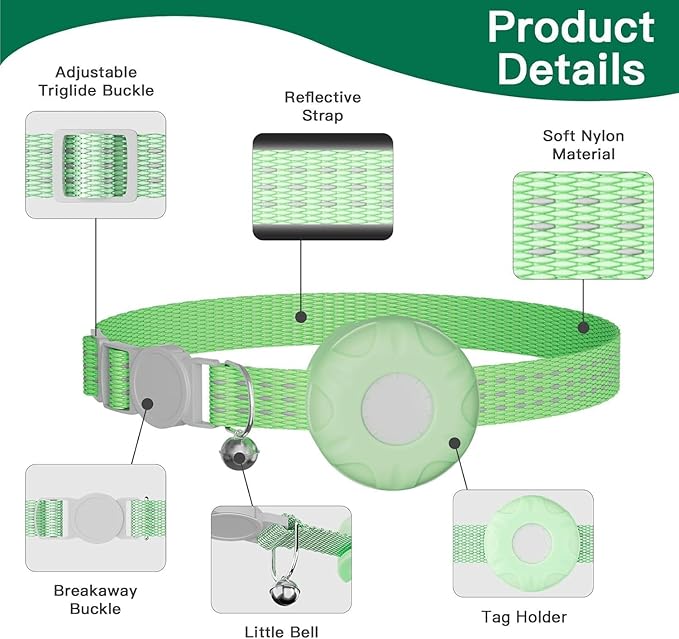 Pet Tracker for Cats,GPS Cat Tracker,Smart Pet Location Tracker with Collar and Holder,Waterproof Cat GPS Tracker Tracking Device,No Monthly Fee,Works with Apple Find My(iOS Only)-LightGreen