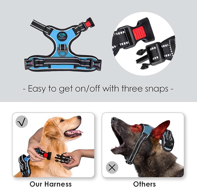 PHOEPET Reflective Dog Harness Large Breed Adjustable No Pull Vest with Handle 2 Metal Rings 3 Buckles [Easy to Put on & Take Off](XL, Blue)