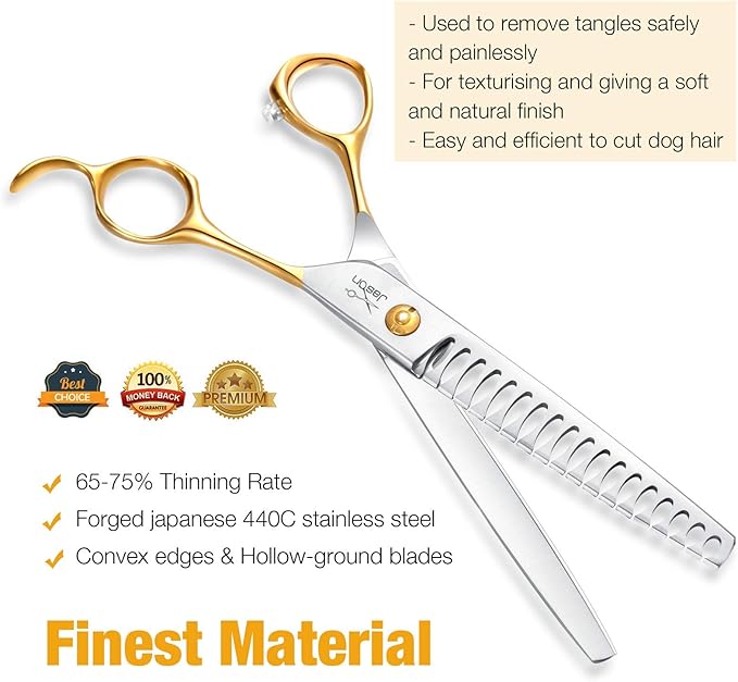 JASON 7.5" 18-Teeth Chunkers Shears for Dogs Cats Grooming Texturizing Blending Thinning Scissor Pets Trimming Kit Sharp Gold Shear for Right Handed Groomers