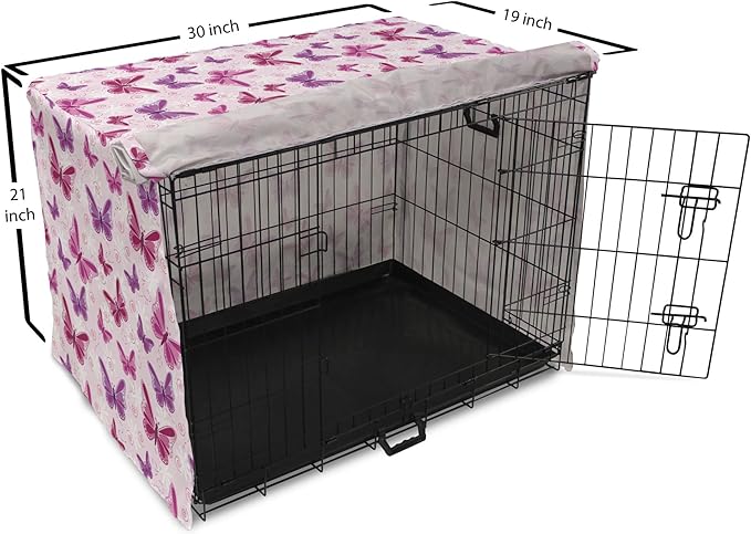 Ambesonne Purple Dog Crate Cover, Abstract Butterflies on Floral Background Feminine Romance Illustration, Easy to Use Pet Kennel Cover for Cats & Medium Dogs, 30 Inch, Maroon Purple Pale Pink
