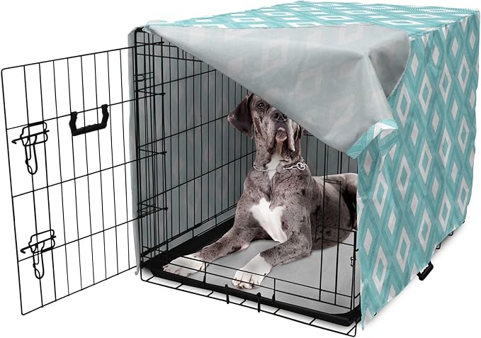 Lunarable Geometric Dog Crate Cover, Nested Diagonal Squares with Tiny Polka Dots Symmetric Repetition, Easy to Use Pet Kennel Cover for Medium Large Dogs, 48 Inch, White and Pale Teal