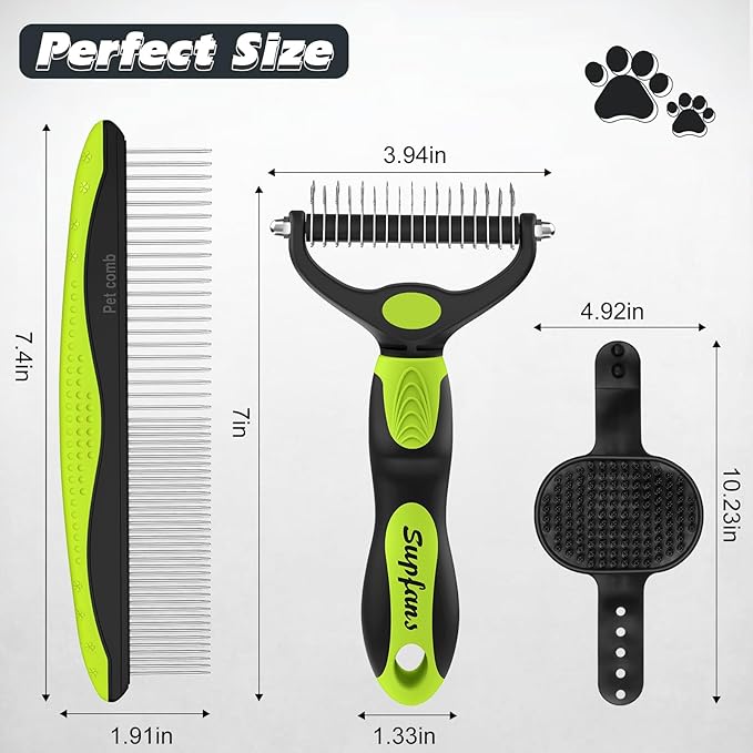 3PCS Dog Grooming Kit I Dog Brush for Shedding I Deshedding Dog Brush I Metal Dog Comb I Dog Bath Brush I Undercoat Rake for Dogs and Cats I Premium Pet Supplies (Green Black)
