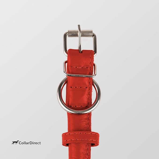 CollarDirect Rolled Leather Dog Collar, Soft Padded Round Puppy Collar, Handmade Genuine Leather Collar Dog Small Large Cat Collars 13 Colors (12-15 Inch, Red Textured)