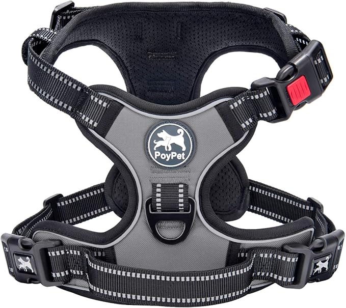 PoyPet No Pull Dog Harness, No Choke Front Clip Dog Reflective Harness, Adjustable Soft Padded Pet Vest with Easy Control Handle for Small to Large Dogs(Grey,L)