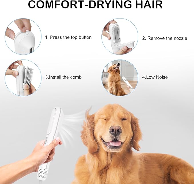 Pet Hair Dryer and Brush 2 in 1 - High and Low Temperature 3 Wind Speed Adjustment, 102000rpm Speed 800W Power Portable and Quiet for Small Medium Cats and Dogs Grooming Hair (TH201)