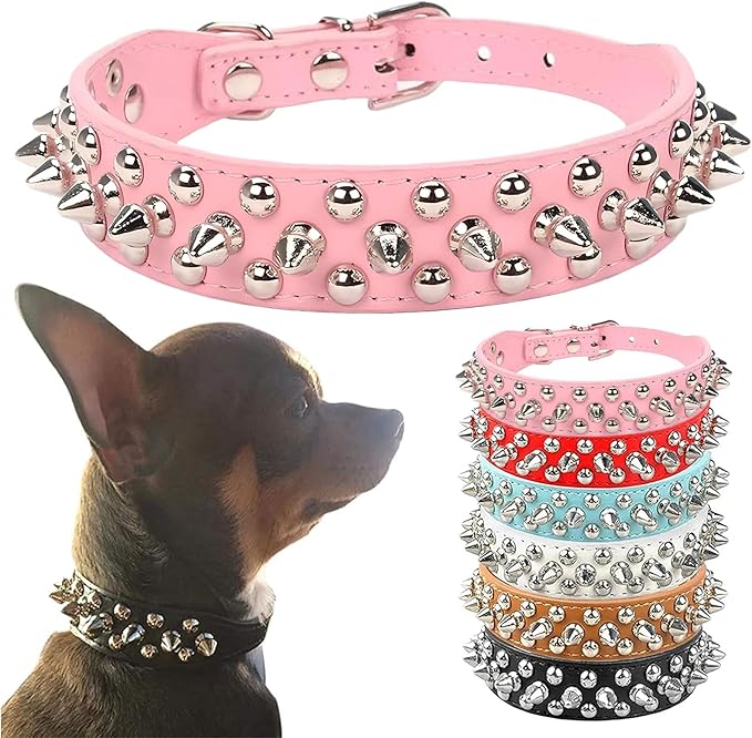 PETCARE Spiked Dog Collar Pink Soft Pu Leather Funny Mushrooms Rivet Spike Studded Puppy Collar Adjustable Outdoor Pet Dog Collar for Small Medium Large Dogs Cats Chihuahua Pug Pit Bull Dog Collars