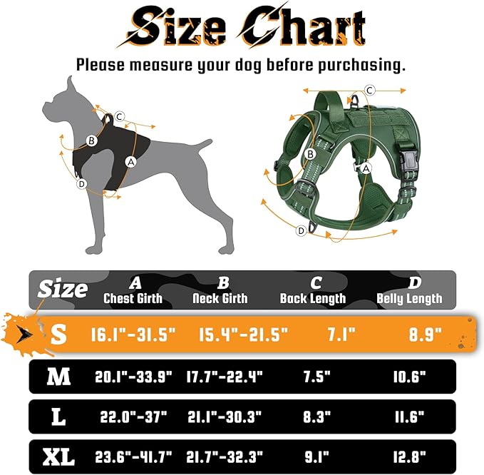 rabbitgoo Dog Harness Small Sized No Pull, Tactical Service Dog Vest with Molle and Control Handle, Adjustable and Reflective Military Pet Harness for Easy Walking and Training, Green, S