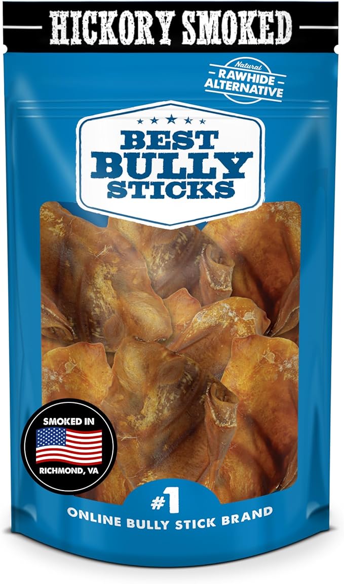Best Bully Sticks Hickory Smoked 100% Natural Whole Pig Ears for Dogs 12 Pack - USA Smoked No Additives Pork Dog Treats - for Small or Large Dogs