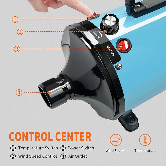 High Velocity Professional Dog Grooming Dryer,Adjustable Temperature and Speed Hair Dryer for Pets with 4 Nozzles