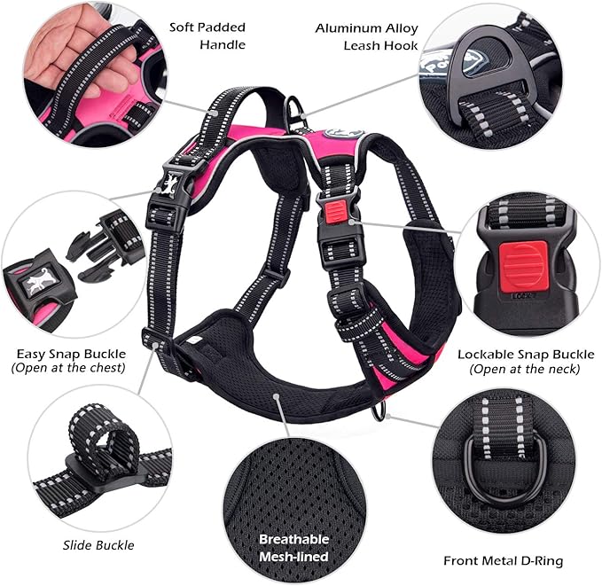 PoyPet Dog Harness No Pull, Reflective Adjustable No Choke Pet Vest with Front & Back Clips, Soft Padded and Control Training Handle for Large Dogs(Pink,XL)