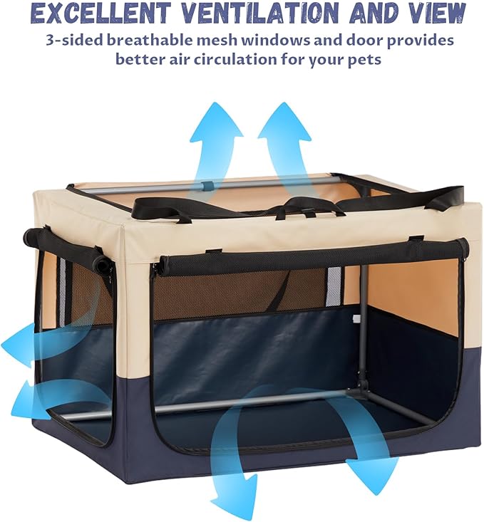 PETSFIT Soft Dog Crate, with Patented Adjustable Fabric Cover, Chewproof & Lockable Mesh Doors, Waterproof Base Portable Kennel Beige 30 Inch