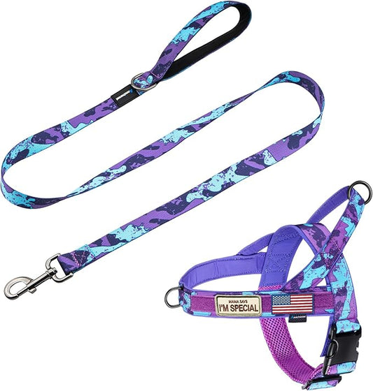 Annchwool No Pull Dog Harness with Padded Handle+5 Ft Leash,Escape Proof and Quick Fit to Adjust Dog Harness,Easy for Training Walking for Small & Medium and Large Dog(Camo Purple Set,M)